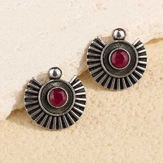 Oxidised Half-Sun Stud Earrings with Ruby Stone