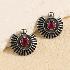 Oxidised Half-Sun Stud Earrings with Ruby Stone