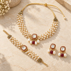 Red & Pearl Kundan Necklace & Bracelet Set