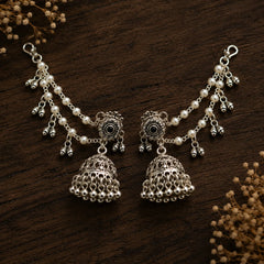 Silver Grace Oxidised Pearl Chain Jhumkas