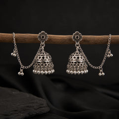Silver Oxidised Chain  Tassel Jhumkas