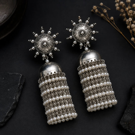Meher Oxidised  Pearl Tassel Jhumkas