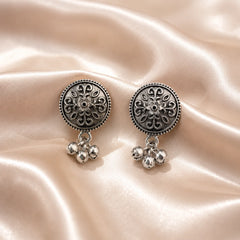 Oxidised Silver Floral Coin Stud Earrings