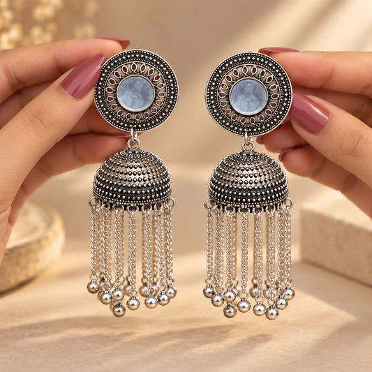 Oxidised Silver Cascade Jhumkas