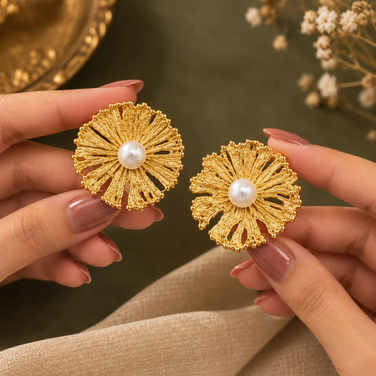 Golden Pearl Petal Stud Earrings