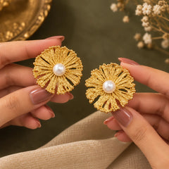 Golden Pearl Petal Stud Earrings