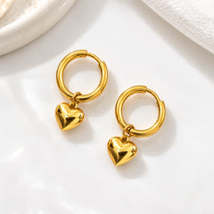 Mini Heart Drop Hoop Earrings  - 18K Gold Plated