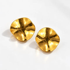 Wavy Gold Disc Stud Earrings - 18K Gold Plated