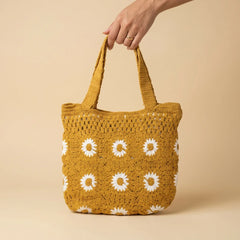 Mustard Yellow Daisy Crochet Tote Bag