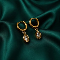 Oval Crystal Drop Hoop Earrings - 18K Gold Plated