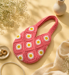 Blush Pink Daisy Crochet Shoulder Bag