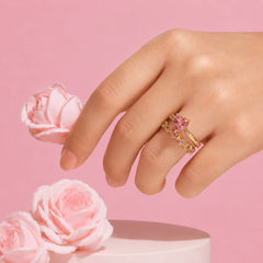 Pink Crystal Heart Rings Set