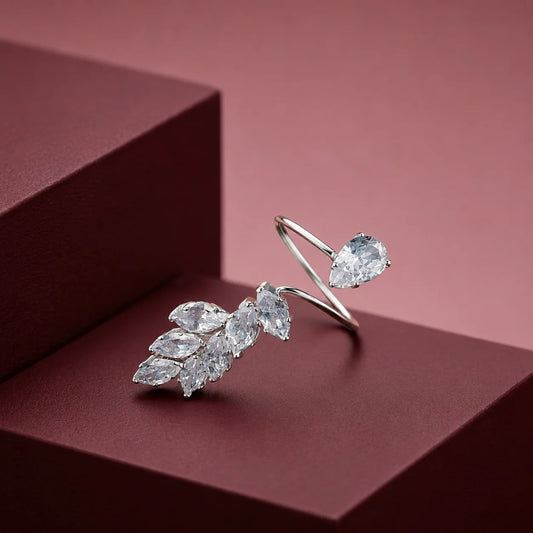 Silver Crystal Leaf Wrap Ring