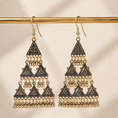 Antique Gold Triangular Ghungroo Chandelier Earrings