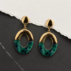 Gold Green Marble Oval Drop Earrings