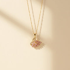 Pink Crystal Swan Pendant Necklace - 18K Gold Plated