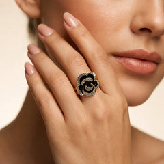 Black Enamel Crystal Rose Ring