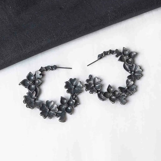 Oxidised Black Metal Floral Hoops
