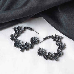 Oxidised Black Metal Floral Hoops