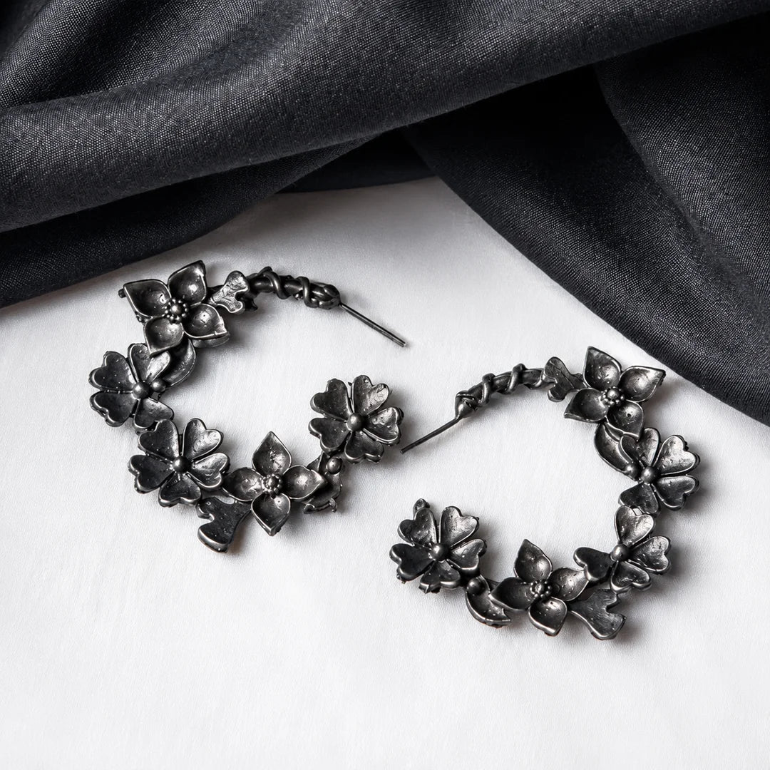 Oxidised Black Metal Floral Hoops