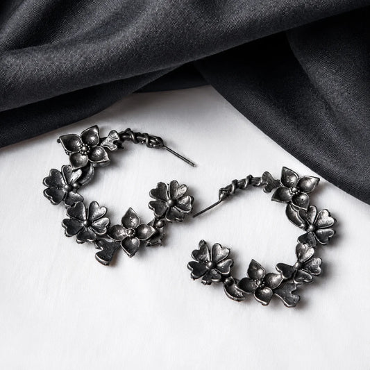 Oxidised Black Metal Floral Hoops