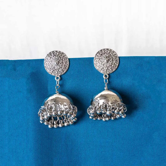 Silver Intricate Dome Bell Jhumka