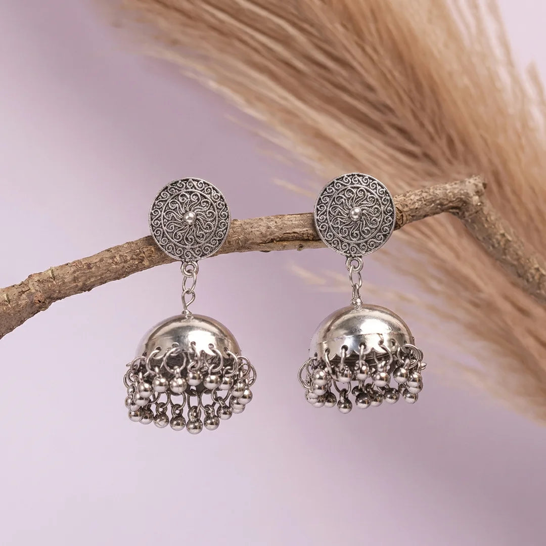 Silver Intricate Dome Bell Jhumka