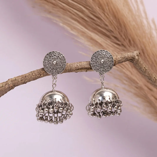 Silver Intricate Dome Bell Jhumka