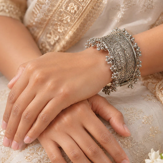 Ethnic Silver Ghungroo Cuff Bangle
