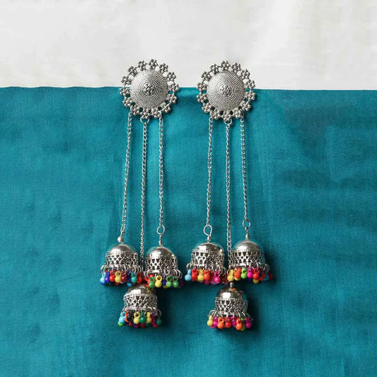 Silver Long Multi Colour Beaded Jhumka Earrings