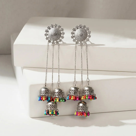 Silver Long Multi Colour Beaded Jhumka Earrings