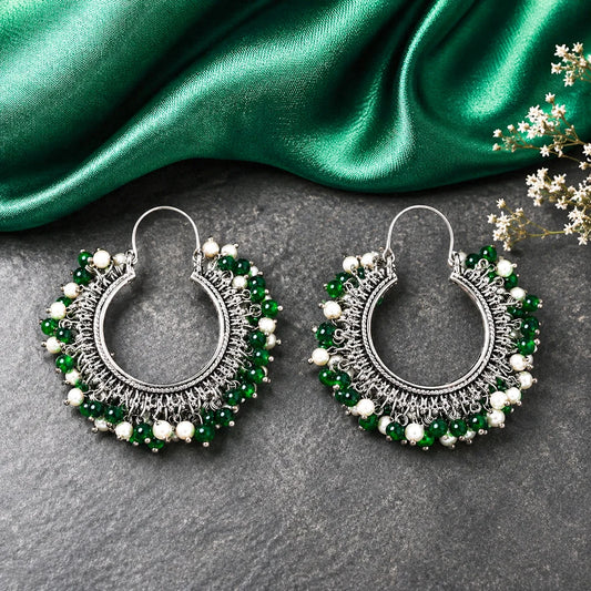 Silver Tone Moti Hoop Earrings