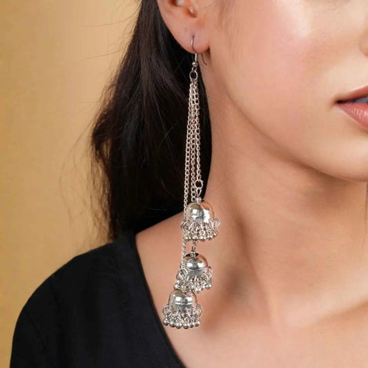 Silver Long Chain Tassel Jhumka Earrings