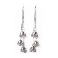 Silver Long Chain Tassel Jhumka Earrings