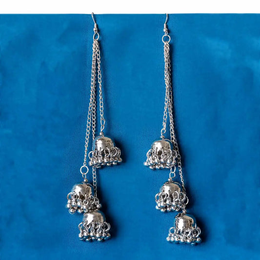 Silver Long Chain Tassel Jhumka Earrings