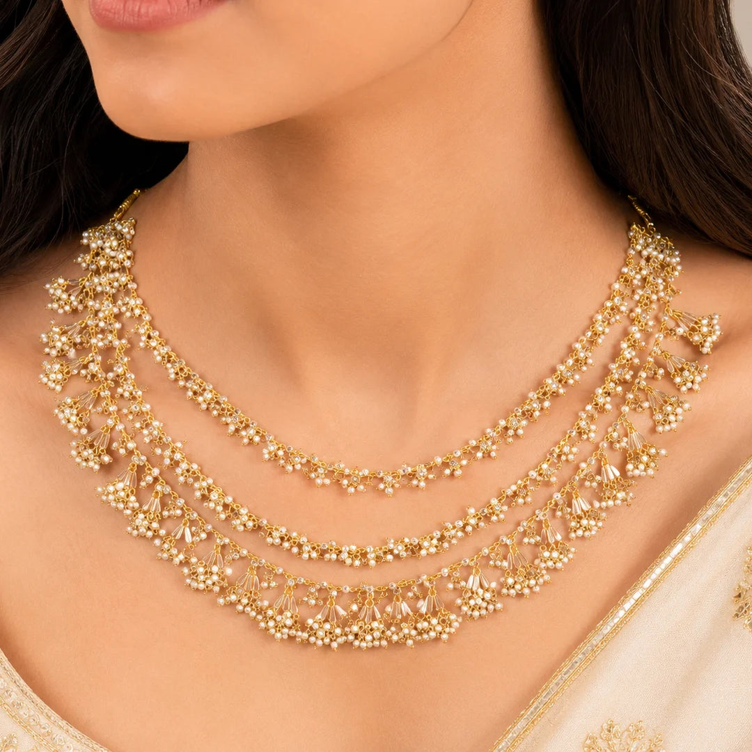 Traditional Golden Pearl Layered Necklace