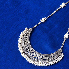 Silver Crescent Filigree Pearl Mogra Necklace