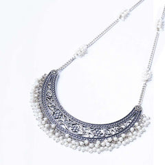 Silver Crescent Filigree Pearl Mogra Necklace