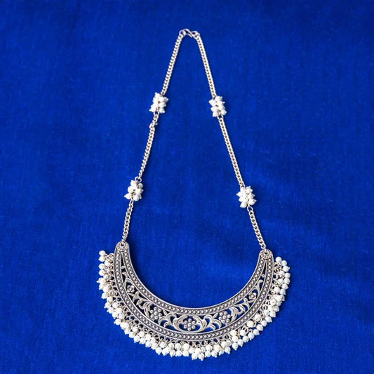 Silver Crescent Filigree Pearl Mogra Necklace