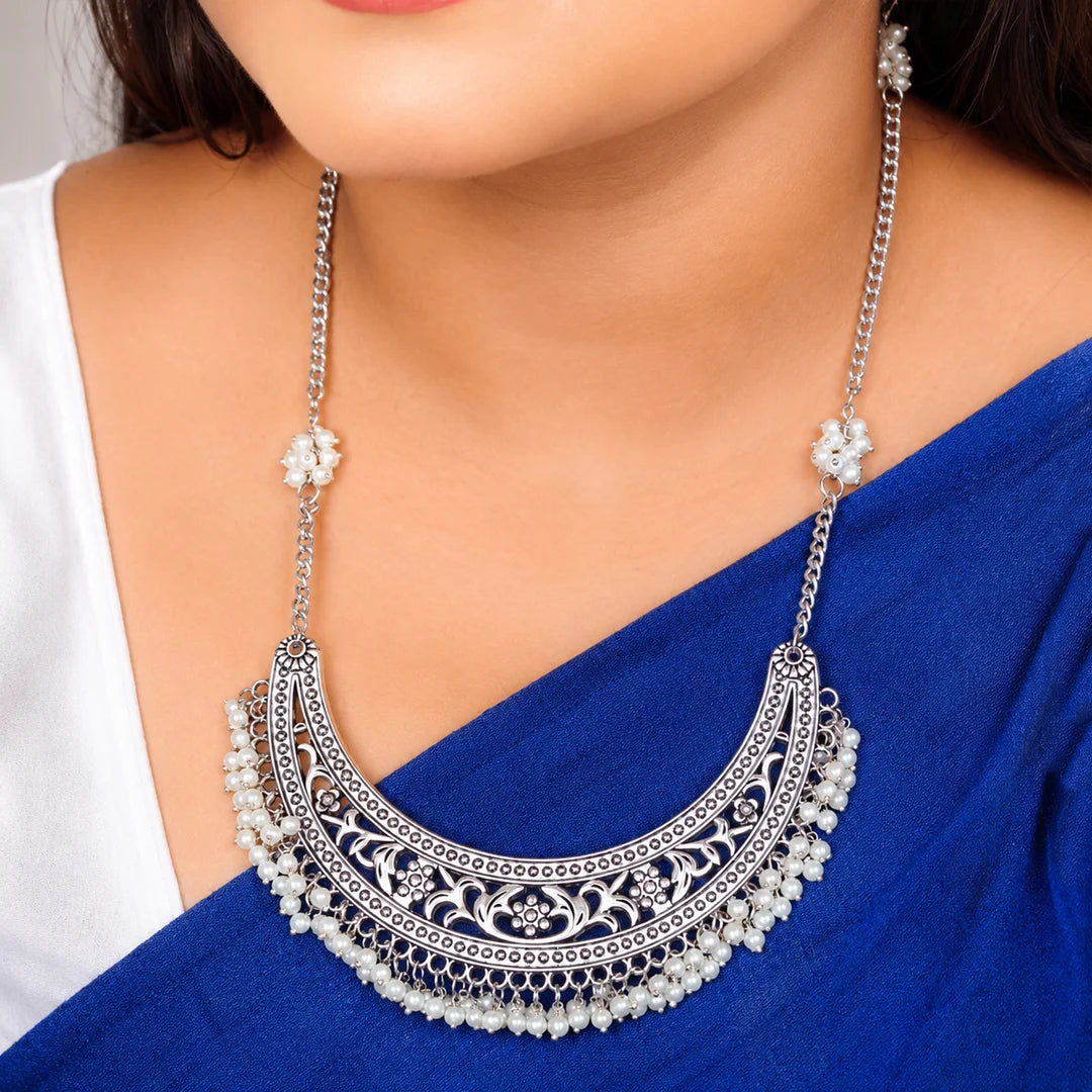Silver Crescent Filigree Pearl Mogra Necklace