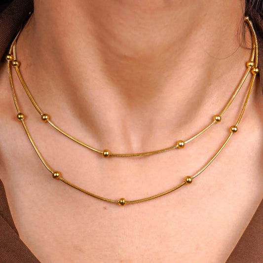 Layered Beaded Ball Chain Necklace - 18K Gold Plated