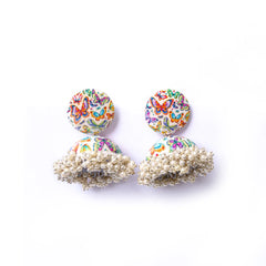 White Butterfly Pearl Meenakari Jhumka