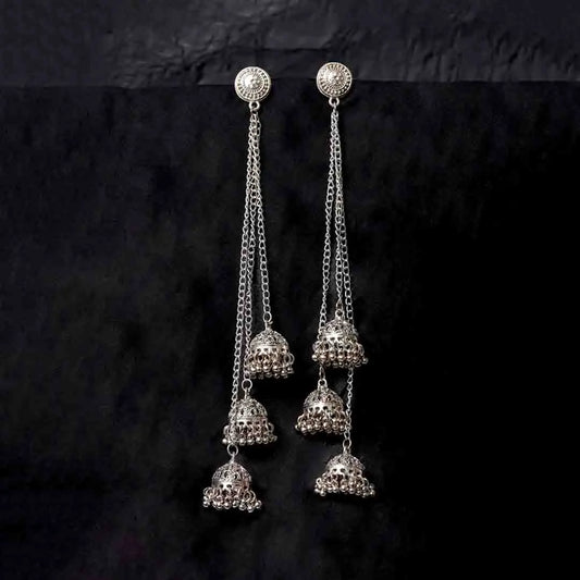 Oxidised Long Triple Jhumka Earrings