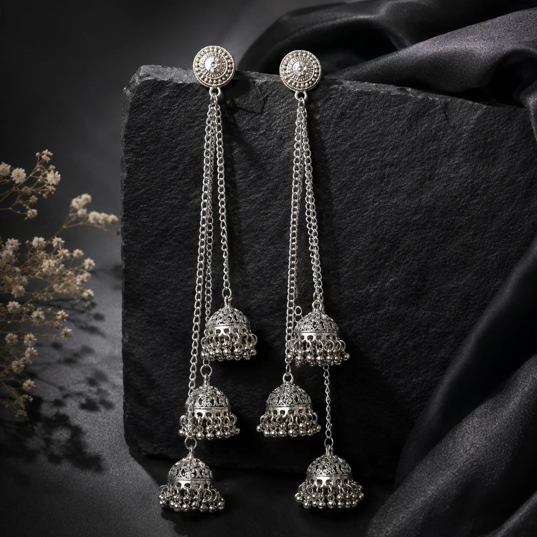 Oxidised Long Triple Jhumka Earrings