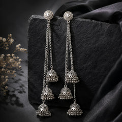 Oxidised Long Triple Jhumka Earrings