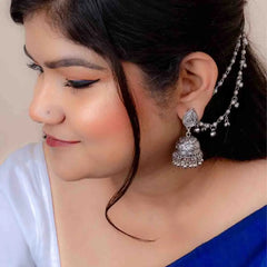Oxidised Jhumka Layered Pearl Hair Chain Earrings