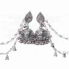 Oxidised Jhumka Layered Pearl Hair Chain Earrings