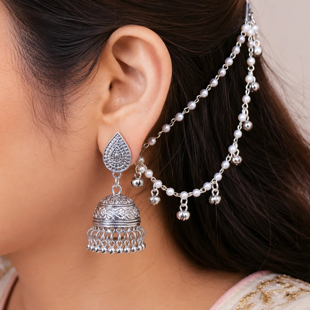 Oxidised Jhumka Layered Pearl Hair Chain Earrings