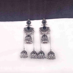 Oxidised Black Triple Jhumka Earrings