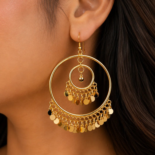 Double Hoop Gold Earrings with Coin Latkan